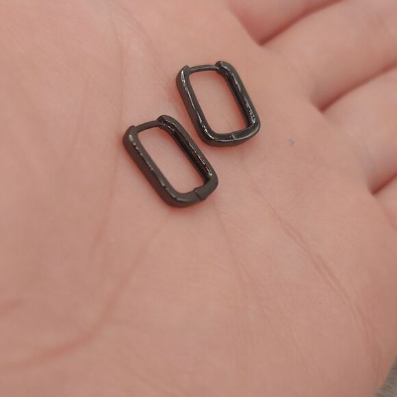 Gunmetal 925 Sterling Silver Rectangle Huggies Earrings - Picture 5 of 10